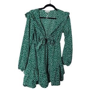 Stellah long sleeve ruffle floral green dress Large